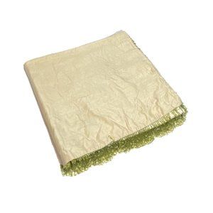Vintage Silk Tablecloth  Handmade Luxury Flaxen Beads Fringe Border Cream Green
